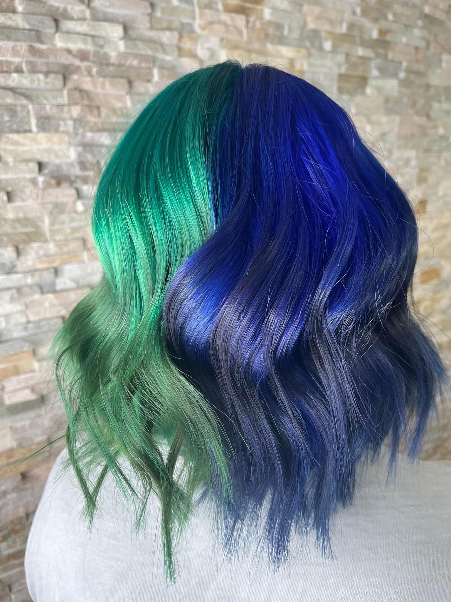Green and blue split hair colour transformation